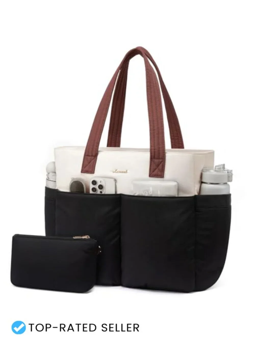Puffer Tote Bag with 8 Pockets & Cosmetic Pouch, Waterproof Work Tote for